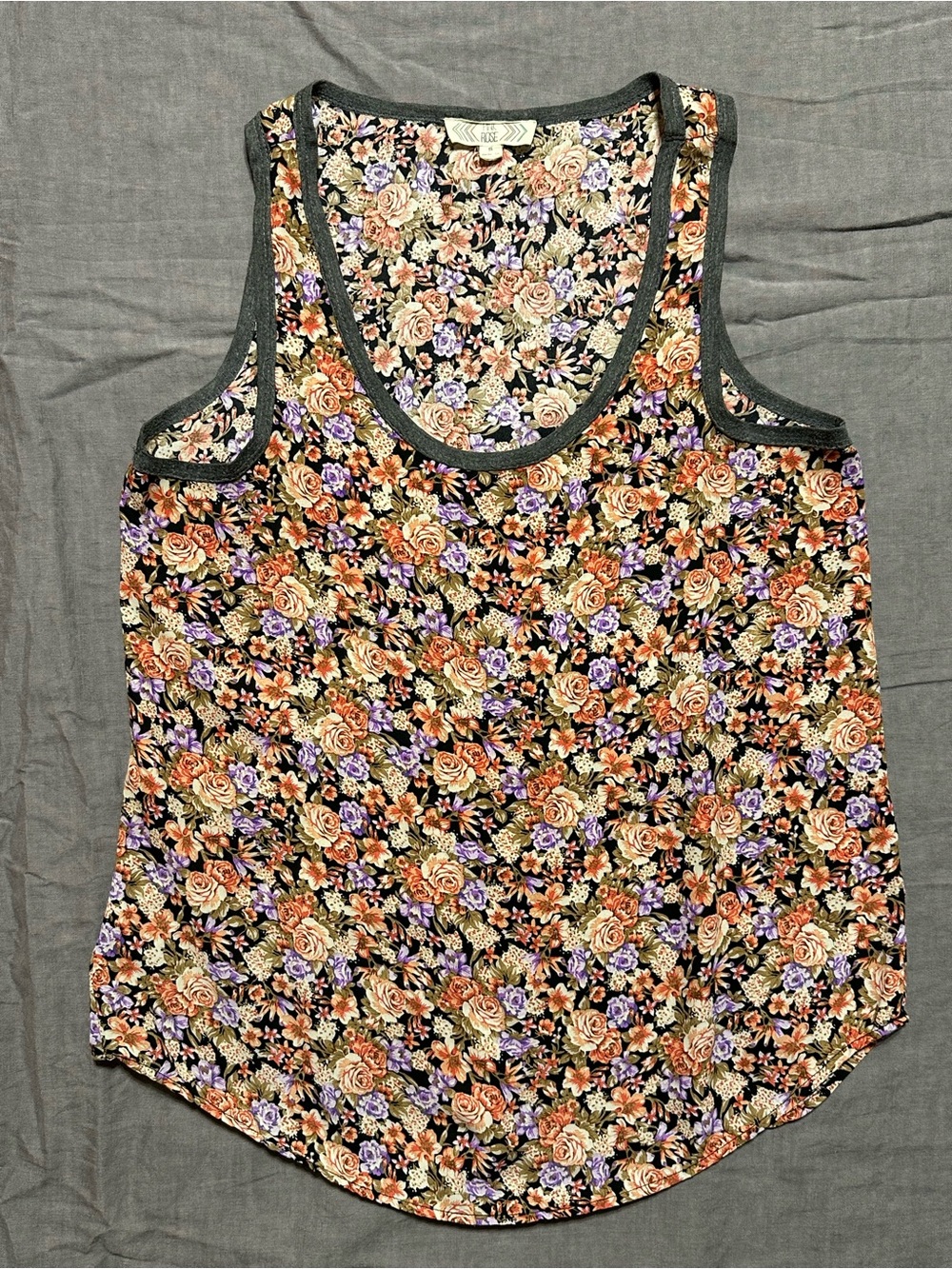 Pink Rose Black Floral Tank Top with Peach & Lavender Blooms